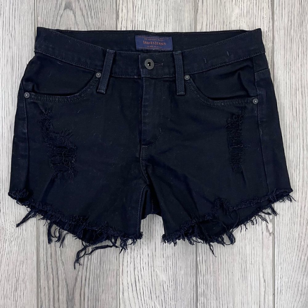 James Jeans Neo Buae Women Size 25 Black Distressed Cotton Denim Shorts Fray Hem